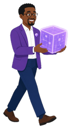 Jedox mascot in a purple blazer holding a purple cube