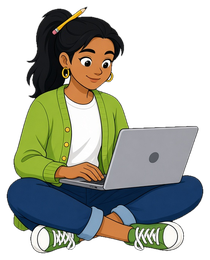 VBA mascot in a green cardigan sitting with an open laptop