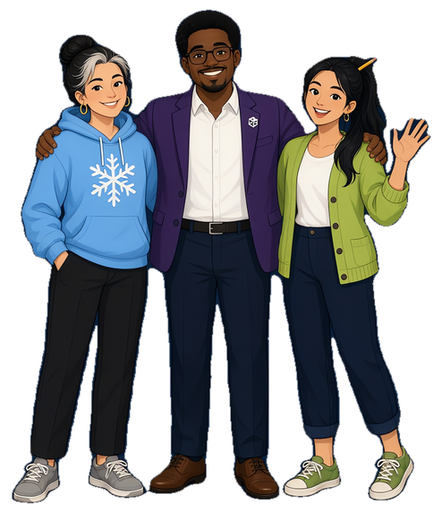 Three mascots standing together: Snowflake in a blue hoodie, Jedox in a purple blazer with his arms around the others, and VBA in a green cardigan, waving